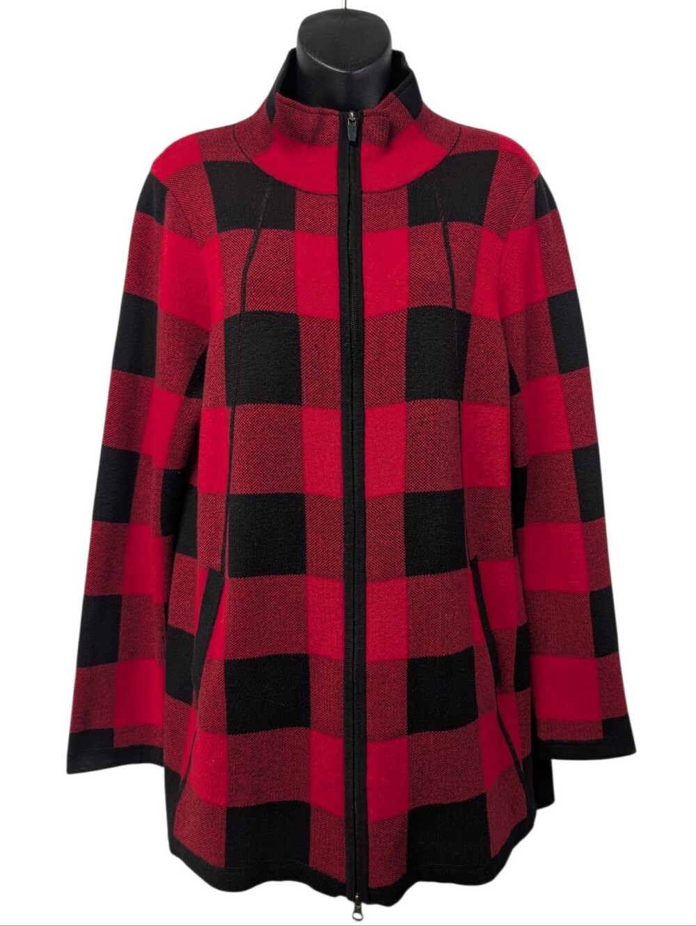 Adrienne Vittadini Womens Red/Black Plaid Cotton Sweater Zip Front Pockets XL